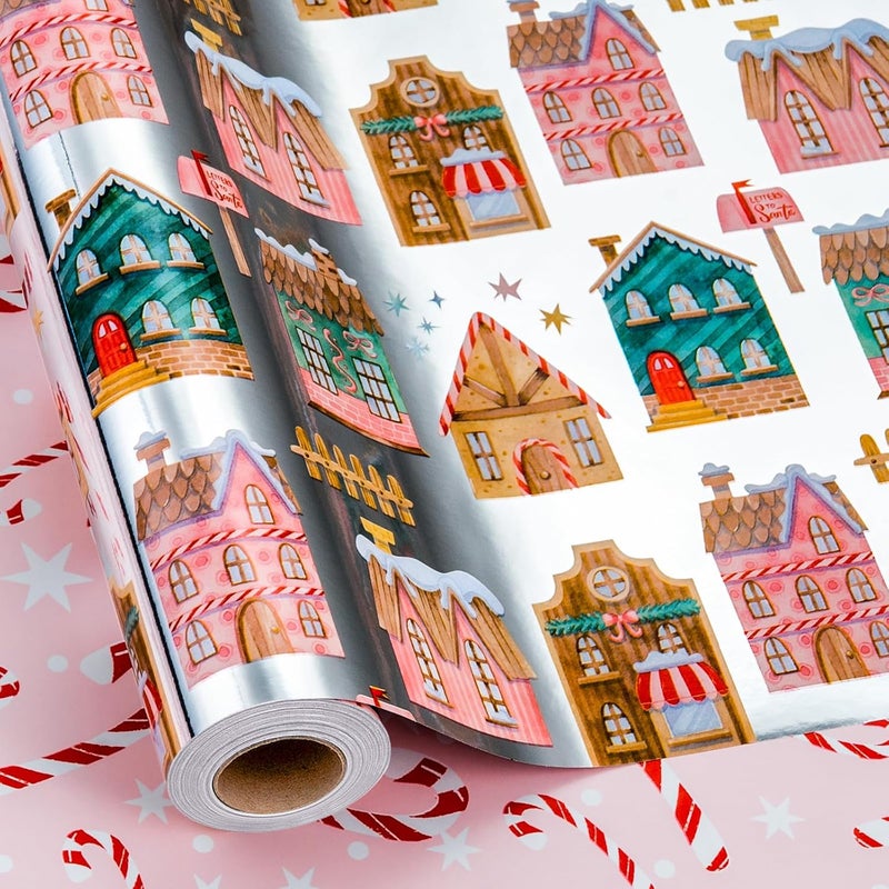 Yarcony Christmas Wrapping Paper Roll, Gingerbread House Wrapping Paper, Metallic Foil Adorable Village and Candy Cane Design Christmas Gift Wrap for Holiday, Winter Celebration (17 Inch X 33 Feet) - Image 1